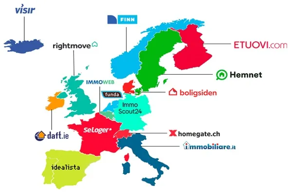 Países europeus com o logotipo de um site imobiliário líder